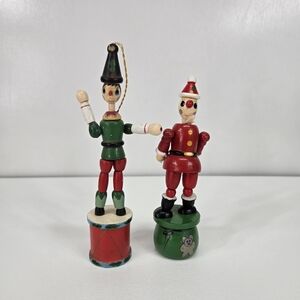 VTG Wood Thumb Push Puppet Santa And Elf Christmas Toy/ Ornament Holiday Whimsy